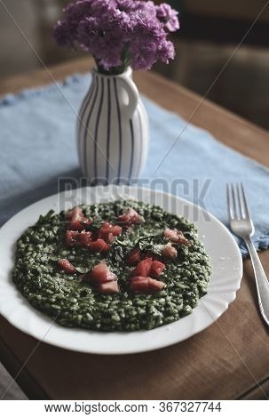 Plate Of Risotto Food. Healthy Food. Rice Food. Plate Of Spinach Risotto. Rice With Spinach Food. It