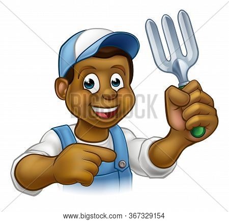 A Cartoon Black Gardener Holding A Gardening Tool And Pointing
