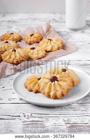 Kurabiye Cookies On The White Wooden Table. Azerbaijan Cuisine Pastry