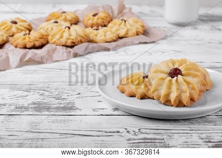 Kurabiye Cookies On The White Wooden Table. Azerbaijan Cuisine Pastry