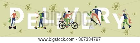 Delivery Word Flat Banner Concept. People In Medical Masks Deliver Food And Goods From Supermarket B