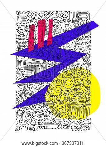 Abstract Vector One Line Poster. Black Outline Single Line Drawing. Endless Line And Yellow, Pink, P
