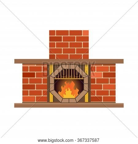 Vector Home Fireplace With Fire. Vintage Design Of Stone Oven With Fireside. Flat Icon Design. Illus