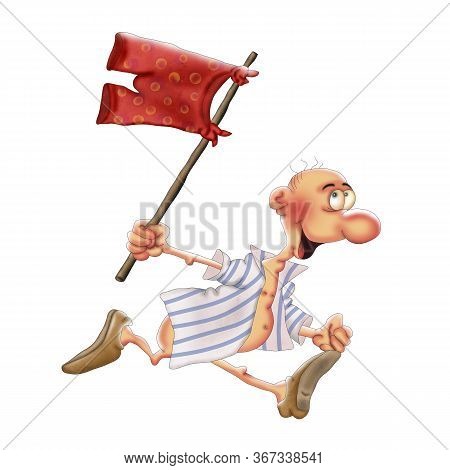A Man Without Pants Is Running With An Impromptu Flag. Caricature Illustration On A White Background