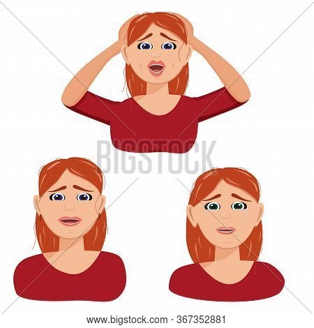 Flat Vector Character Illustration. Set Of Tired Woman, Sleepy Mood, Weak Health, Mental Exhausted, 