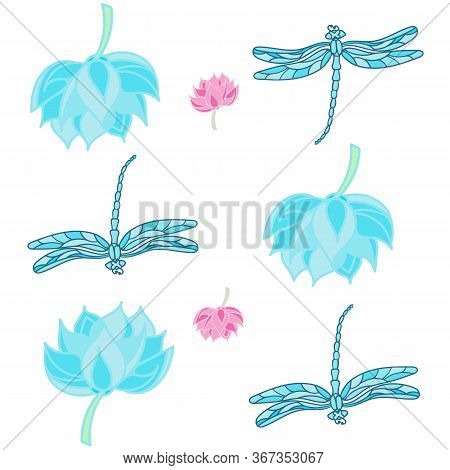 Abstract Seamless Pattern With Dragonflies On Light Background With Colorful Lotus. Modern Template 