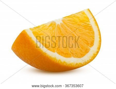 Slice Of Orange Isolated On White Background. Ripe And Delicious Citrus Fruit Close Up. Appetizing S