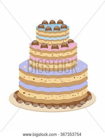Card With Cake Birthday Sweet. Isolated Vector Illustration. Symbol, Sign. Cute Design. Happy Birthd