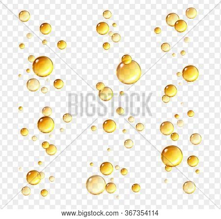 Golden Oil Bubbles. Realistic Oil Drops, Cosmetic Vitamin Capsules, Collagen Essence, Serum Yellow D