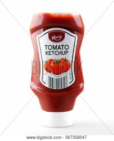 Pomorie, Bulgaria - May 21, 2020: Tomato Ketchup - Kania - 500 Ml Against White Background