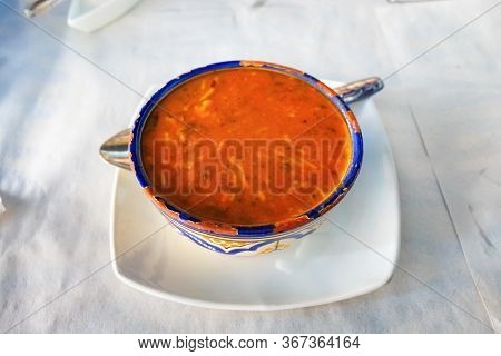 Moroccan Harira Soup In White Bowl In One Of The Restaurants In Morocco.