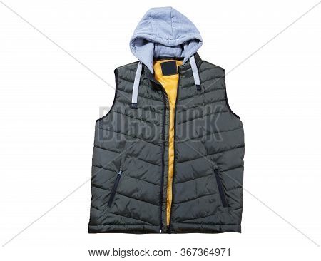Vest With A Hood Isolated On The White Background, Green Vest Top View On A White Background. A Warm