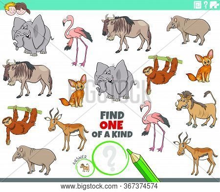 Cartoon Illustration Of Find One Of A Kind Picture Educational Game With Comic Wild Animal Character