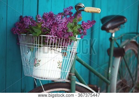 Bicycle Basket With A Bouquet Of Lilacs