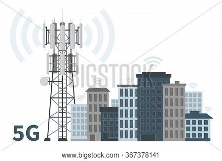 Innovative Smart City Of Future With 5g Base Station Mast On White Background, Flat Vector Illustrat