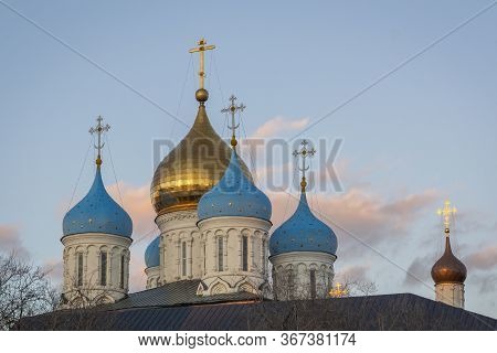 Orthodox Domes Of The Church At Novospassky Convent (novospassky Monastery) In Moscow, Russia.