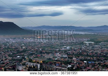 Top View On The Evening City Of Khust, Transcarpathia Ukraine.