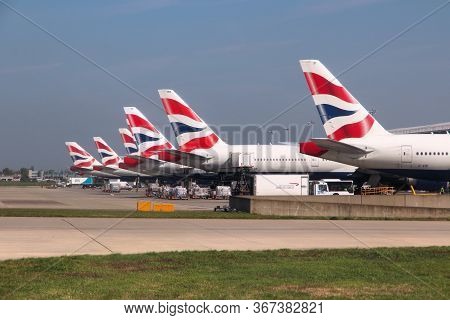 London, Uk - April 16, 2014: British Airways Boeing 777s At London Heathrow Airport. Ba Operates Fle