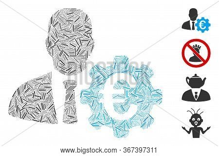 Hatch Collage Euro Economist Icon Composed Of Thin Elements In Various Sizes And Color Hues. Irregul