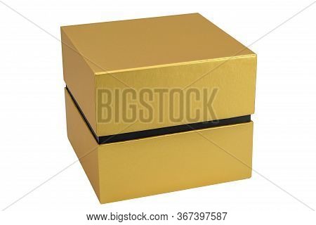 Golden Square Gift Box With Black Stripe Isolated On White Background