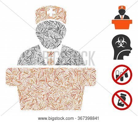Linear Collage Health Care Official Icon Composed Of Thin Items In Different Sizes And Color Hues. L