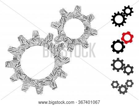 Linear Collage Reduction Gears Icon United From Straight Elements In Various Sizes And Color Hues. I