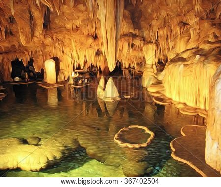 Oil Painting Effect On A Pool Of Water In An Underground Cave