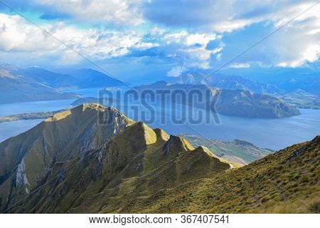 Panoramic Top View Landscape, Blue Water Mountain And Sky Background