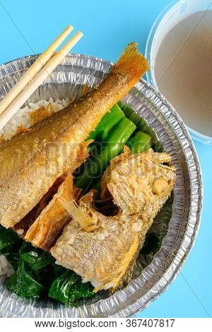 Top View Larimichthys Or Little Yellow Croaker Fast Food Horizontal Composition