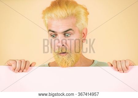 Funny Man Holding Big Sign Board. Happy Middle Age Man Presenting Empty Paper. Business Content Pres