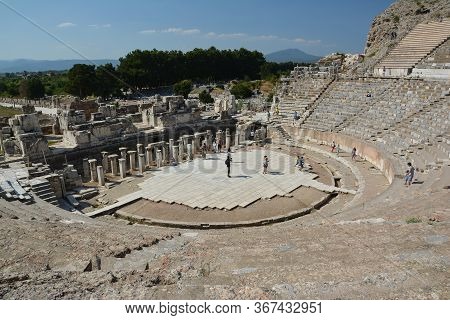 Ephesus, Turkey - August 16, 2017: Amphitheater Coliseum In Ancient City Of Ephesus, Turkey.