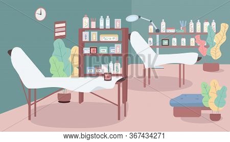 Waxing Salon Flat Color Vector Illustration. Workplace In Cosmetology Shop. Beds For Hair Removing P