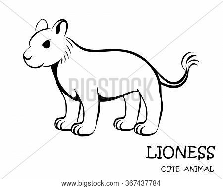 Black Vector Illustration Cartoon On A White Background Of A Cute Lioness.
