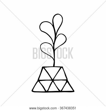 Doodle Plant In A Faceted Pot. Hand-drawn Leaves With Poly Flower Pot. Black Outline Of A Home Plant