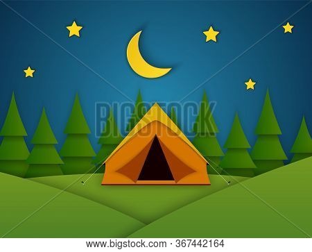Paper Cut Summer Night Landsape. Landscape With Yellow Tent, Forest On The Background. Adventures In