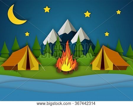 Paper Cut Summer Night Landsape. Landscape With Yellow Tent, Forest And Mountains On The Background.
