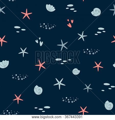 Sea Boy Pattern. Dark Blue Kids Fish Seamless Pattern. Marine Nautical Background. Sea Fish, Stars S