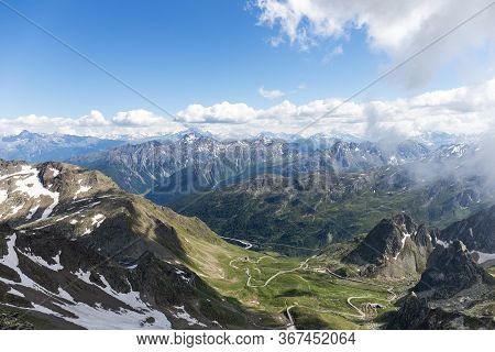 Panorama View Of The Swiss Alps With Great St. Bernar Pass And Aostatal Italy At The Background