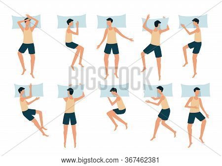 Caucasian Brunet Man Sleeping On A Pillow, Sleep Position And Poses For Rest.