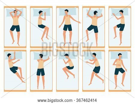 Positions For Sleeping Man On A Pillow In Bed, Top View.