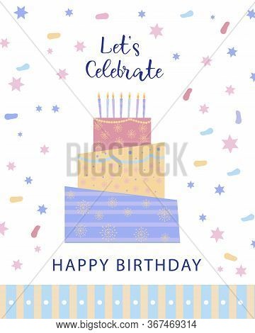 Card With Cake Birthday Sweet. Isolated Vector Illustration. Symbol, Sign. Cute Design. Happy Birthd