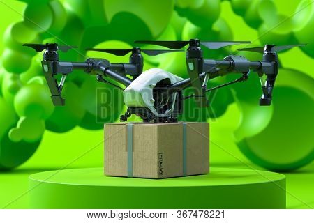Drone Quadcopter With Box On Green Background And Showcase. Contactless Delivery. Remote Control. On