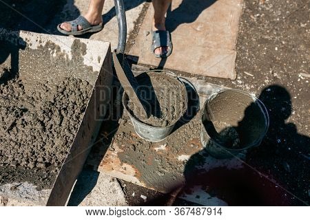 Work With Cement Mortar, Pouring Cement Mortar Wall, Foundation And Floor.