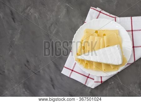 Slices Of Cheese, Medium Hard Cheese, Homemade Or Farm Cheese. Proteins And Proteins. Fresh Cheese. 
