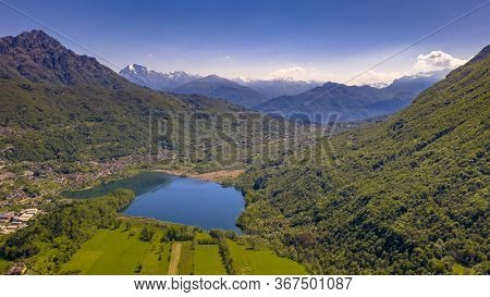 Aerial View Of Lake Lago Di Piano Seen From Porlezza, Cima, Lombardia, Italy