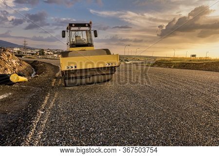 Steamroller Performing Road Paving Work In Spain