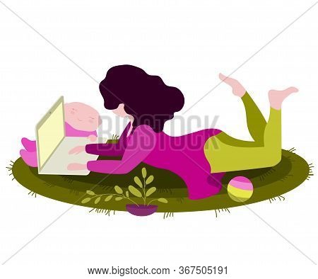Mom With Laptop Working At Home With Child. Womens Freelance. Work At Home Mom. Concept Working, Stu