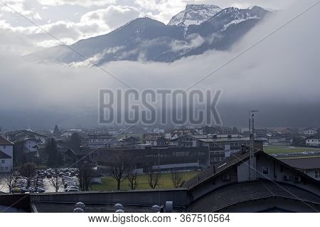 Low Cloud Cover The Mountains. Ski Resort Zell Am Ziller, Ziller Valley, Tyrol, Austria. Early March