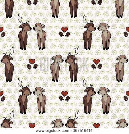 Cute Forest Deer Love Vector Illustration. Buck Deer With Antlers. Childlish Hand Drawn Doodle Style