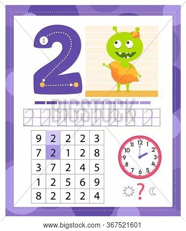 Learning Number 2 With Funny Monster. Coloring Printable Worksheet For Kindergarten And Preschool. T